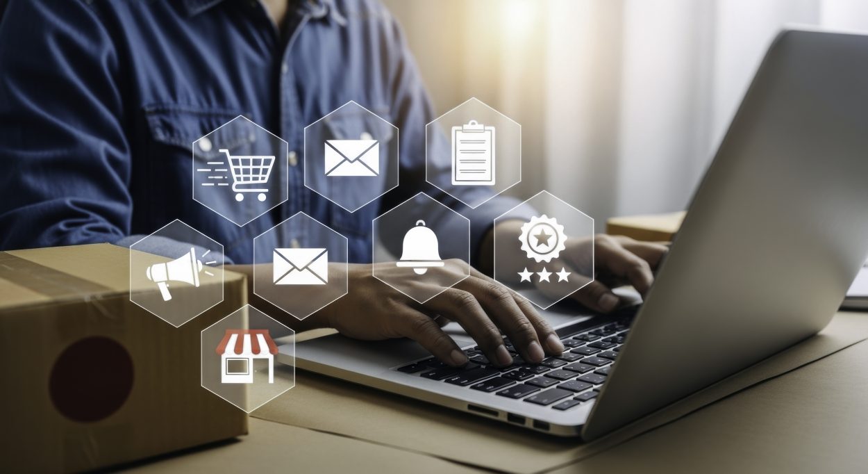 Mann mit Laptop mit E-Commerce Icons