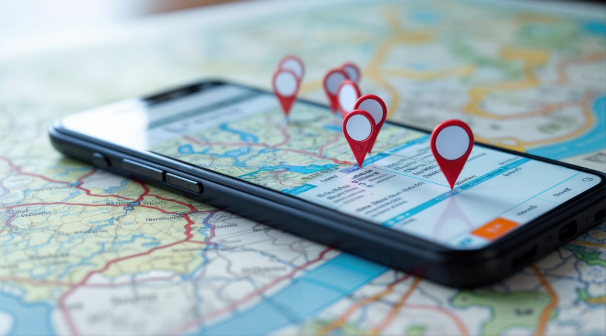 Smartphone mit Karte und Standortanzeigen