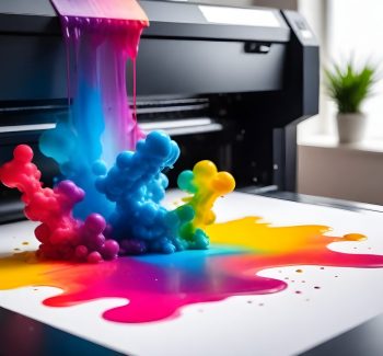 Large format printer producing a vibrant color spectrum print with ink droplets visible in midair